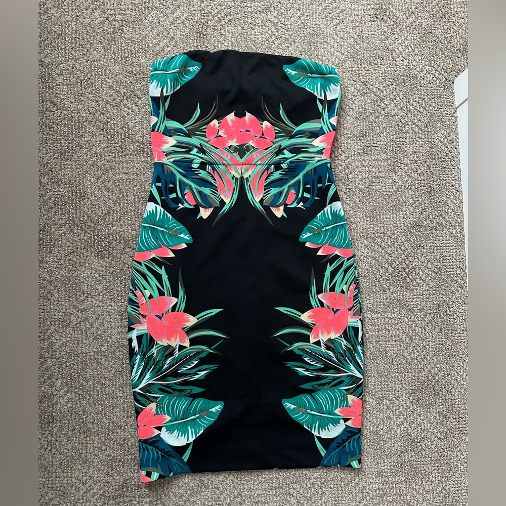 Express Black strapless Dress with Teal & Coral floral Tropical Trim